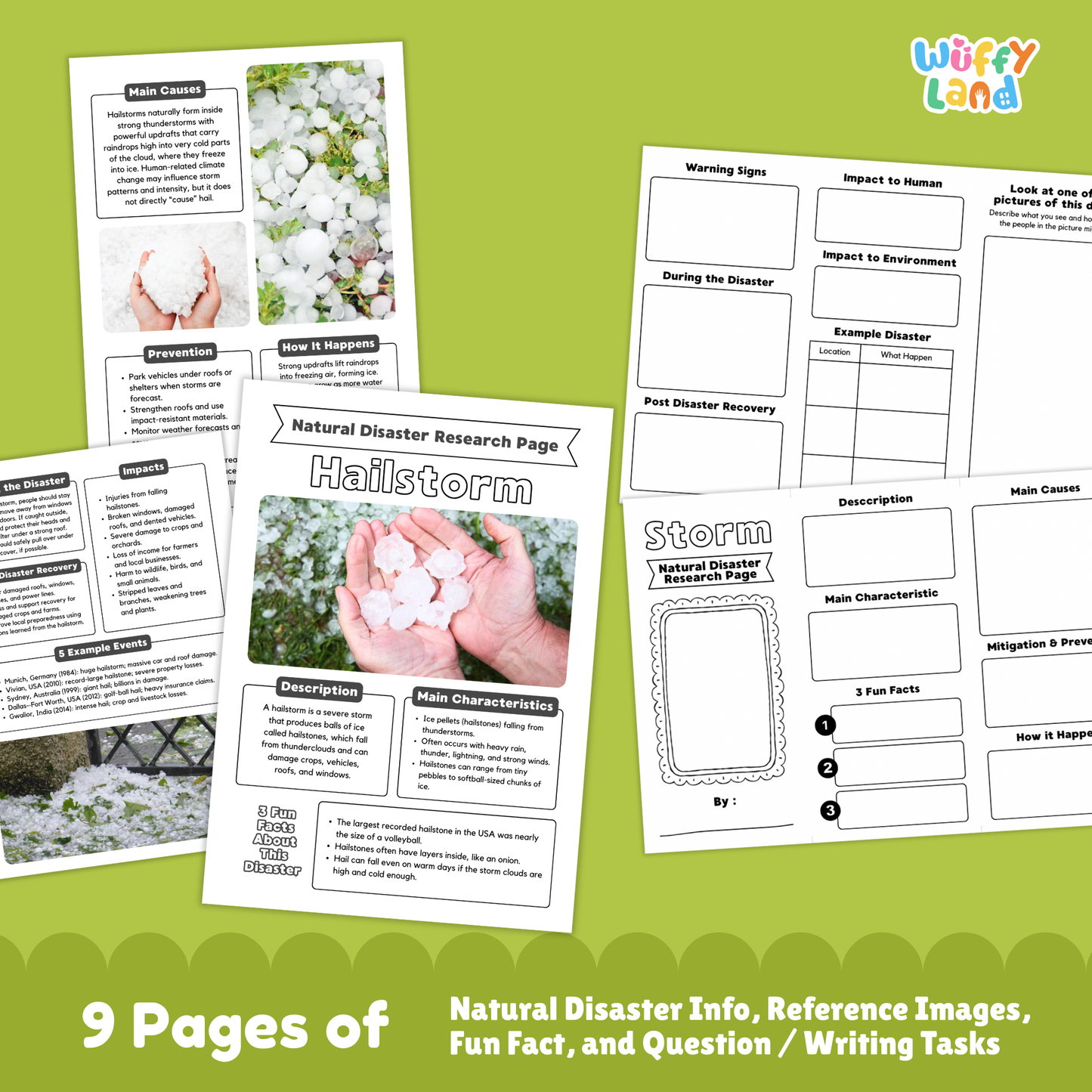 Printable hailstorm research worksheets for kids, including a natural disaster research page, vocabulary sections, picture prompts, main causes, characteristics, prevention steps, impacts, and example events. Pages show images of hail, damaged plants, and activity sheets for writing and labeling