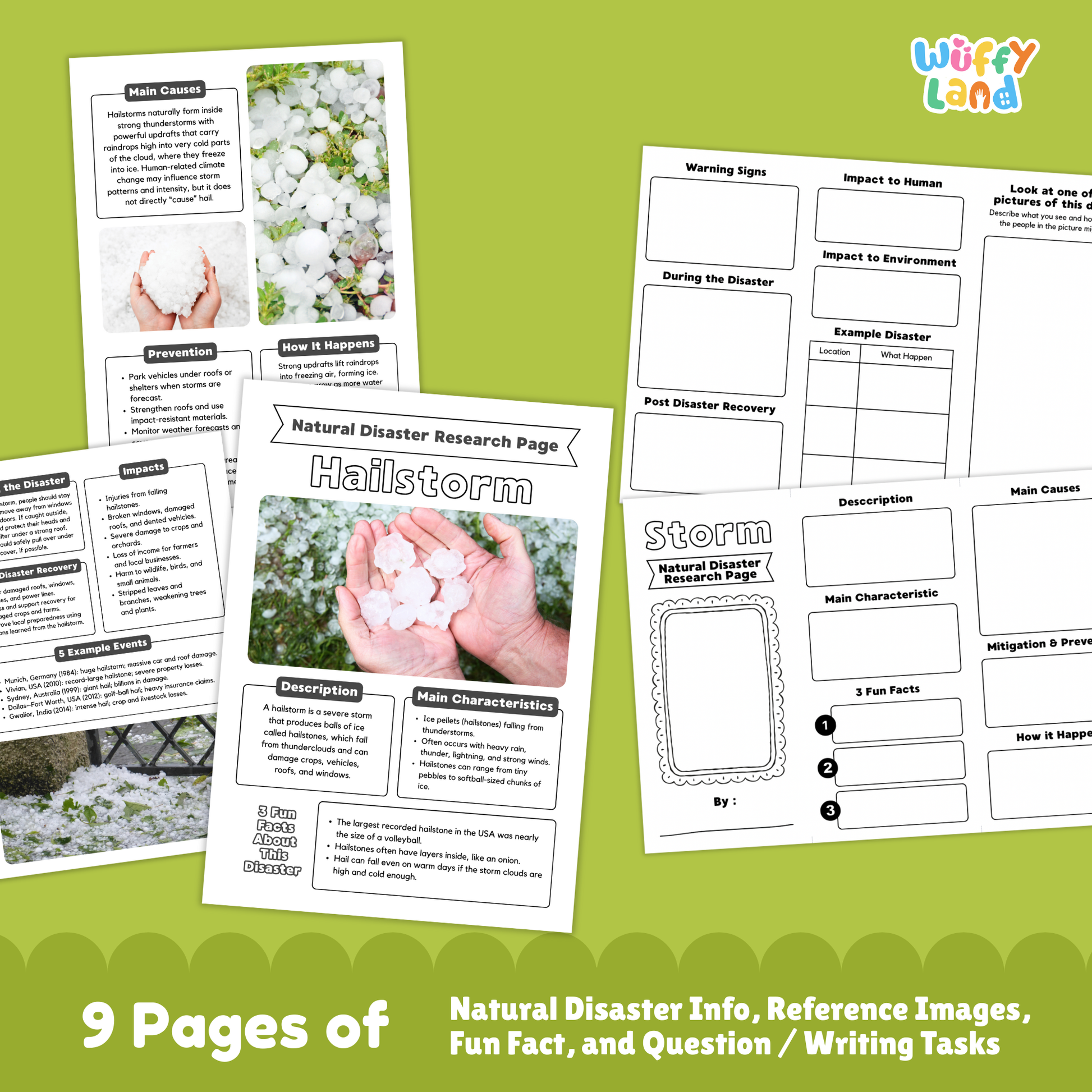 Printable hailstorm research worksheets for kids, including a natural disaster research page, vocabulary sections, picture prompts, main causes, characteristics, prevention steps, impacts, and example events. Pages show images of hail, damaged plants, and activity sheets for writing and labeling