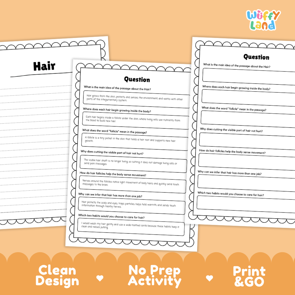 Informational reading passage page detailing human hair keratin protein follicles growth cycles protection and hair care habits with diagrams