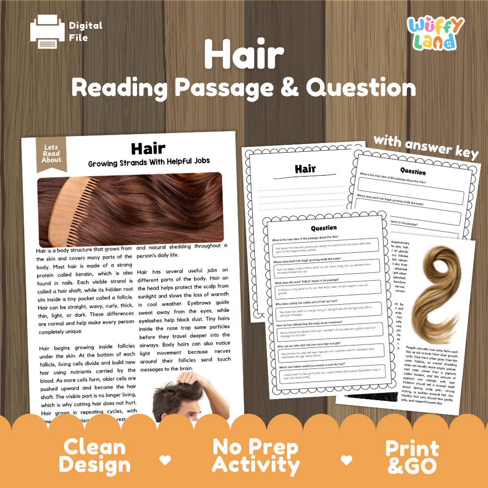 Hair reading comprehension passage and questions printable activity pack with answer key for elementary students