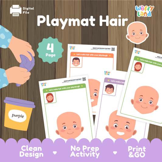 Digital product listing graphic for 'Playmat Hair' by Wiffy Land, showing printable activity pages with cartoon faces, a purple playmat, a yellow tub labeled purple, and text highlighting '4 Page', 'Clean Design', 'No Prep Activity', and 'Print & GO' on a wood background.