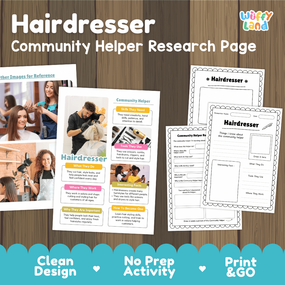 Hairdresser community helper research page writing worksheets pack featuring real photos and student activity pages for elementary social studies and life skills