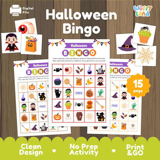 Halloween bingo game cover showing 15-page printable bingo boards and matching calling cards