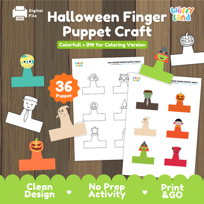 Halloween finger puppet craft cover showing colorful and black-and-white templates for 36 puppets including mummies, ghosts, and vampires