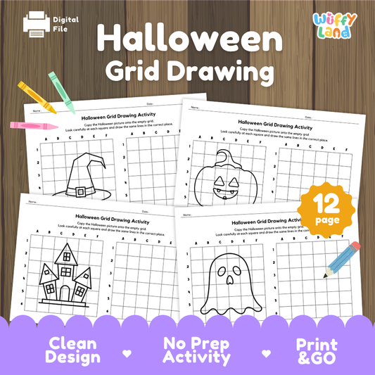 Printable Halloween grid drawing worksheets for kids featuring pumpkins, ghosts, witch hats and haunted houses