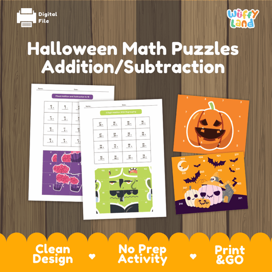 Halloween math puzzles addition and subtraction printable mystery picture matching worksheets overview from Wuffy Land 🎃🦇