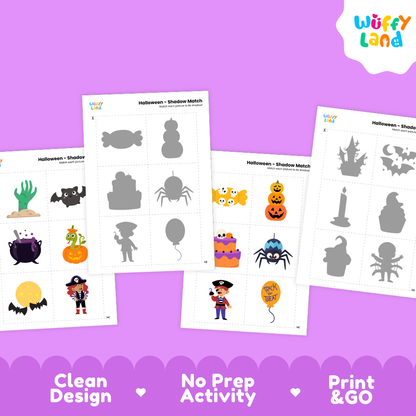 Full color Halloween object cards featuring zombie hands, bats, bubbling cauldrons, and jack-o'-lanterns