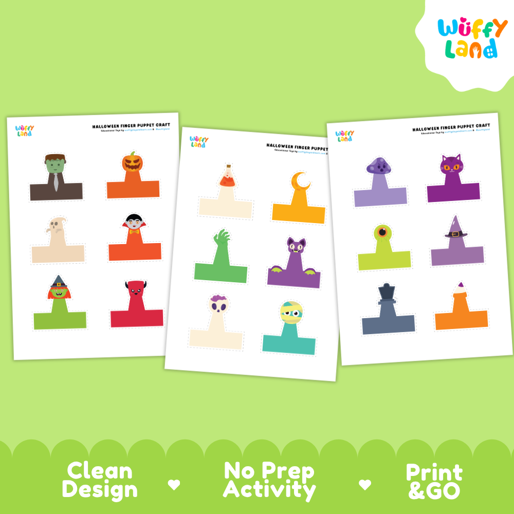 Printable sheets showing black-and-white and full-color finger puppets ready for scissor cutting and assembly