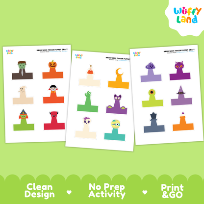 Printable sheets showing black-and-white and full-color finger puppets ready for scissor cutting and assembly