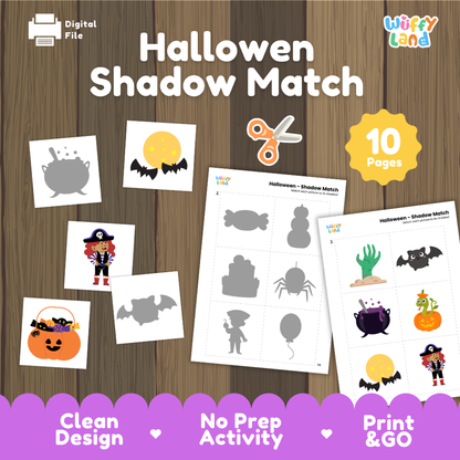 Halloween shadow match activity cover showing 10-page printable pack with bats over moon, witch cauldron, pirate, and shadow matching worksheets