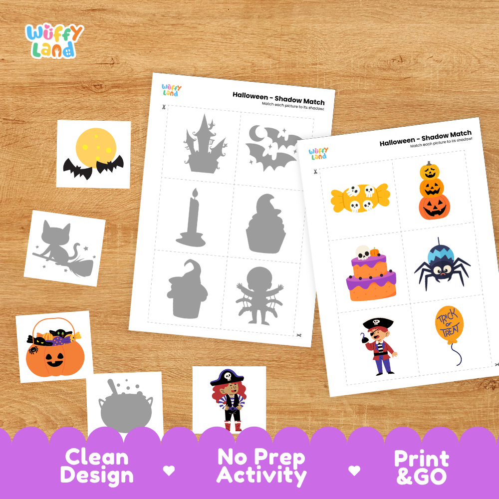 Printable shadow matching grid sheet showing silhouettes of candies, cauldrons, spiders, and pirates