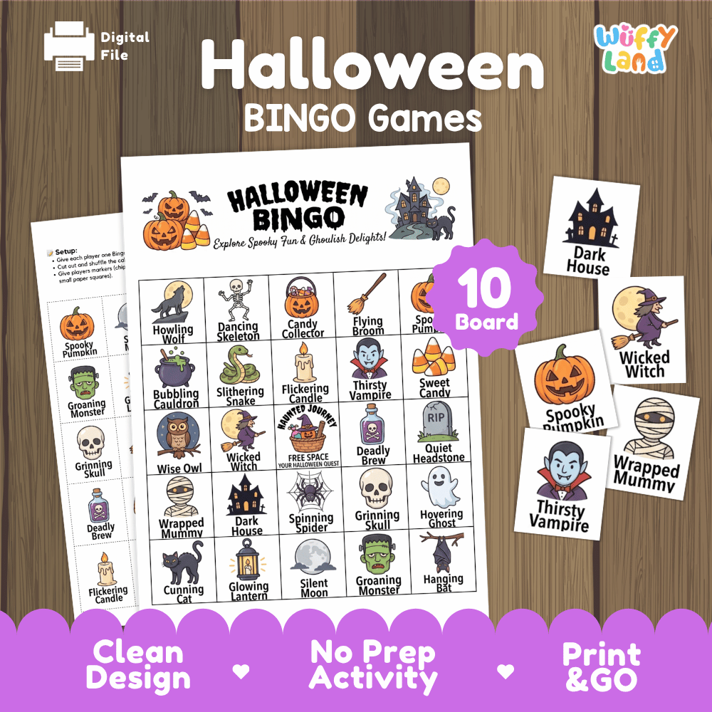 Halloween BINGO Games Printable Activity Cards for October Fall Party
