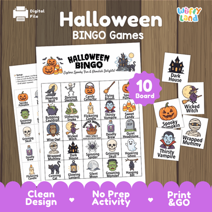 Halloween BINGO Games Printable Activity Cards for October Fall Party