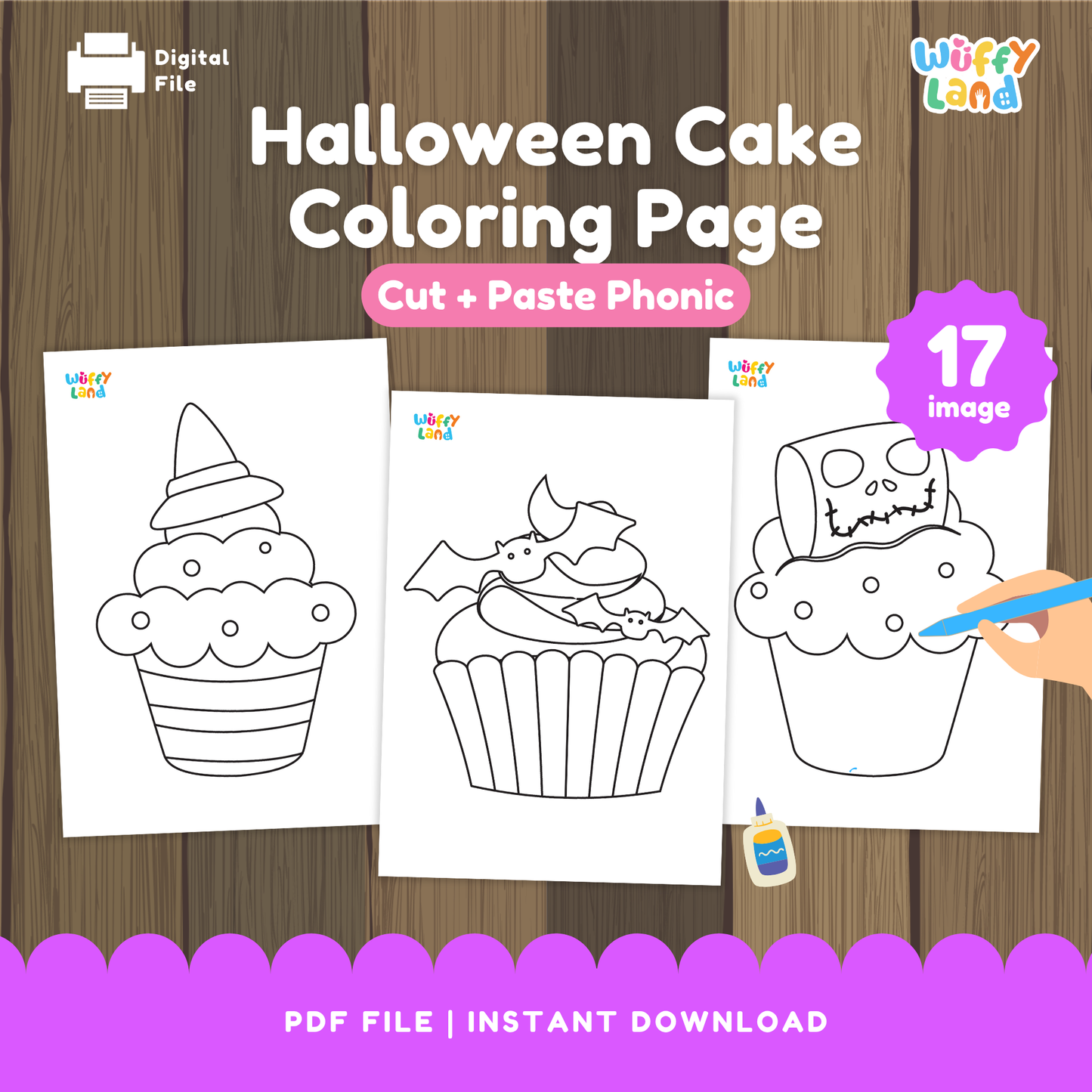 Black and white printable Halloween cupcake coloring pages featuring cute spooky designs such as witch hats, bats, and skull toppers. Includes 17 images for kids to color, cut, and paste as a fun Halloween-themed phonics and art activity. Suitable for preschool and elementary students.