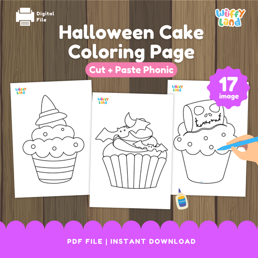 Black and white printable Halloween cupcake coloring pages featuring cute spooky designs such as witch hats, bats, and skull toppers. Includes 17 images for kids to color, cut, and paste as a fun Halloween-themed phonics and art activity. Suitable for preschool and elementary students.