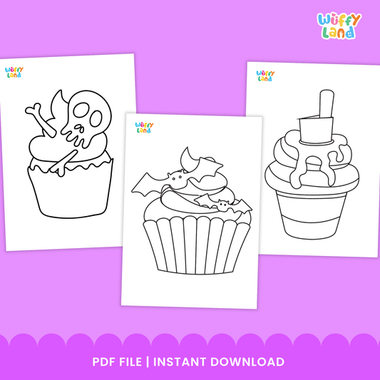 Black and white printable Halloween cupcake coloring pages featuring cute spooky designs such as witch hats, bats, and skull toppers. Includes 17 images for kids to color, cut, and paste as a fun Halloween-themed phonics and art activity. Suitable for preschool and elementary students.