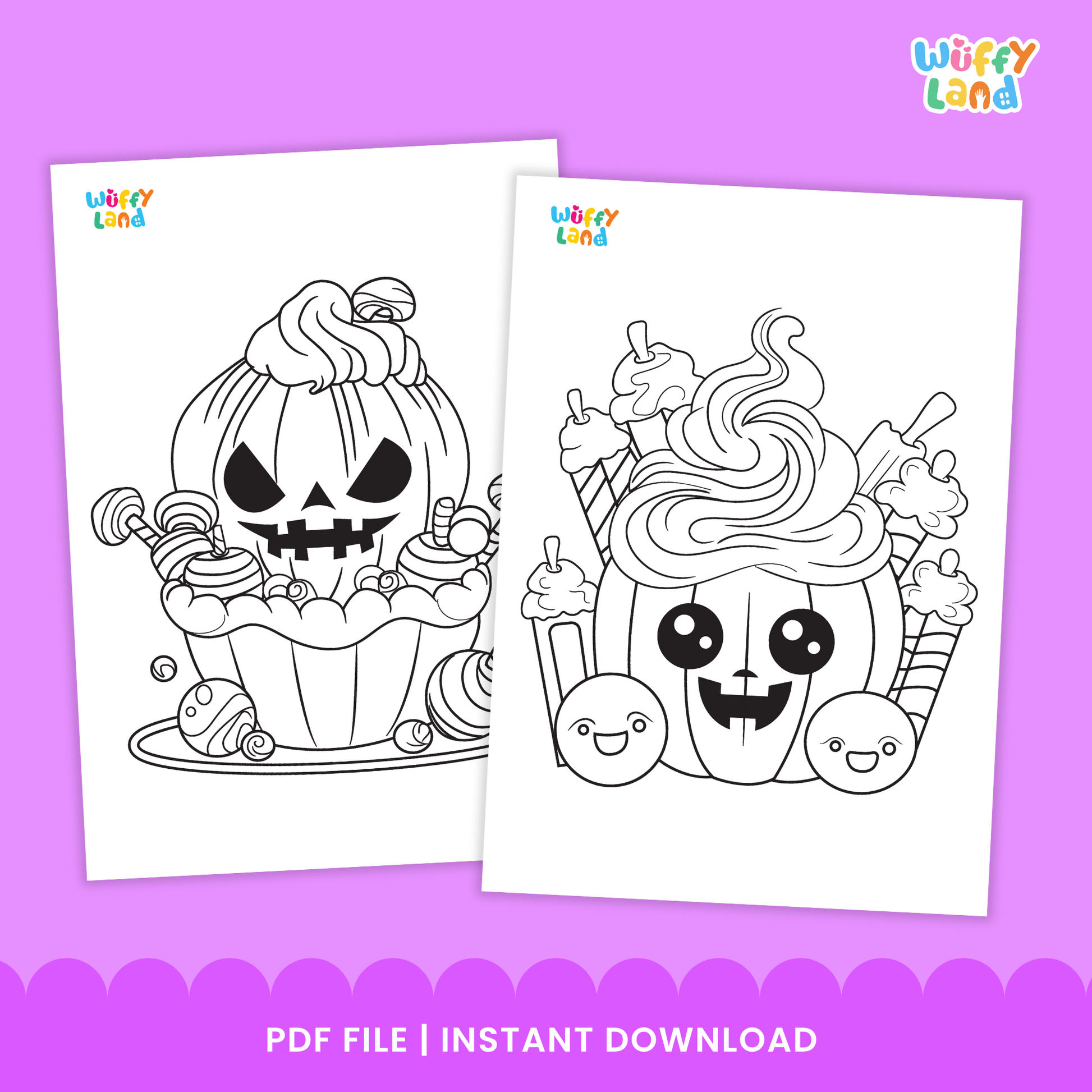 Black and white printable Halloween cupcake coloring pages featuring cute spooky designs such as witch hats, bats, and skull toppers. Includes 17 images for kids to color, cut, and paste as a fun Halloween-themed phonics and art activity. Suitable for preschool and elementary students.