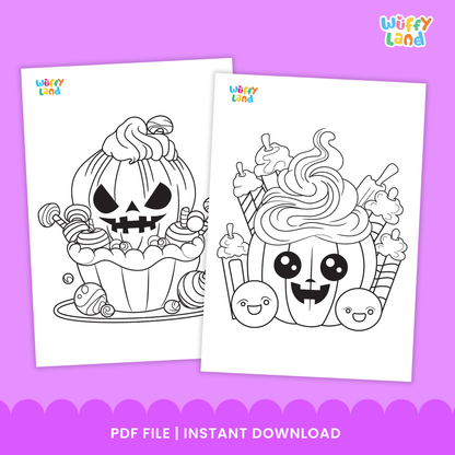 Black and white printable Halloween cupcake coloring pages featuring cute spooky designs such as witch hats, bats, and skull toppers. Includes 17 images for kids to color, cut, and paste as a fun Halloween-themed phonics and art activity. Suitable for preschool and elementary students.