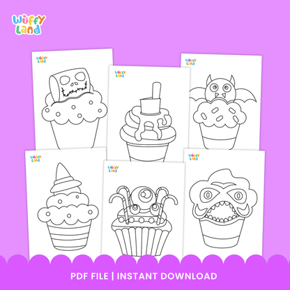 Black and white printable Halloween cupcake coloring pages featuring cute spooky designs such as witch hats, bats, and skull toppers. Includes 17 images for kids to color, cut, and paste as a fun Halloween-themed phonics and art activity. Suitable for preschool and elementary students.