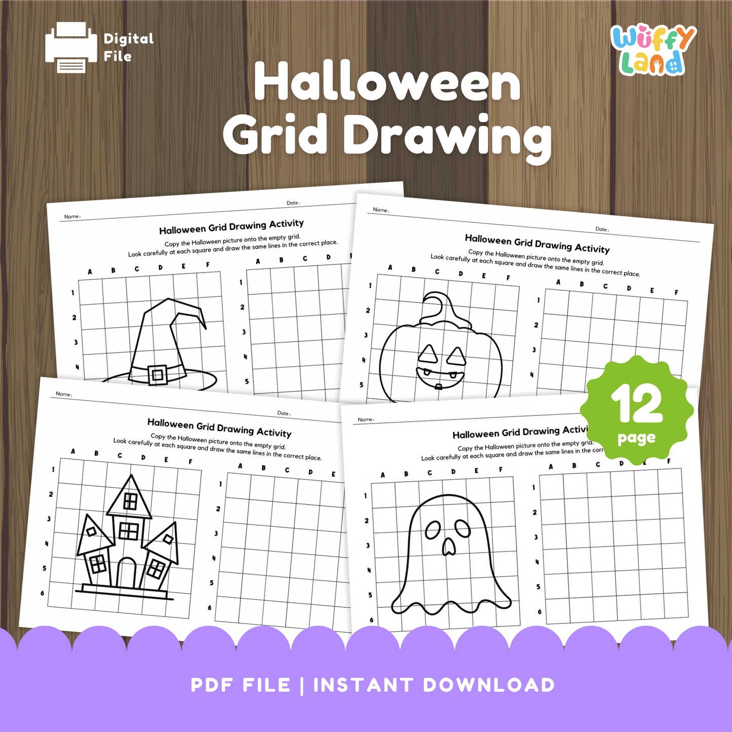 Black-and-white Halloween grid drawing worksheets featuring pictures of a witch hat, jack-o’-lantern, haunted house, and ghost for children to copy onto blank grids. Includes 12 printable activity pages