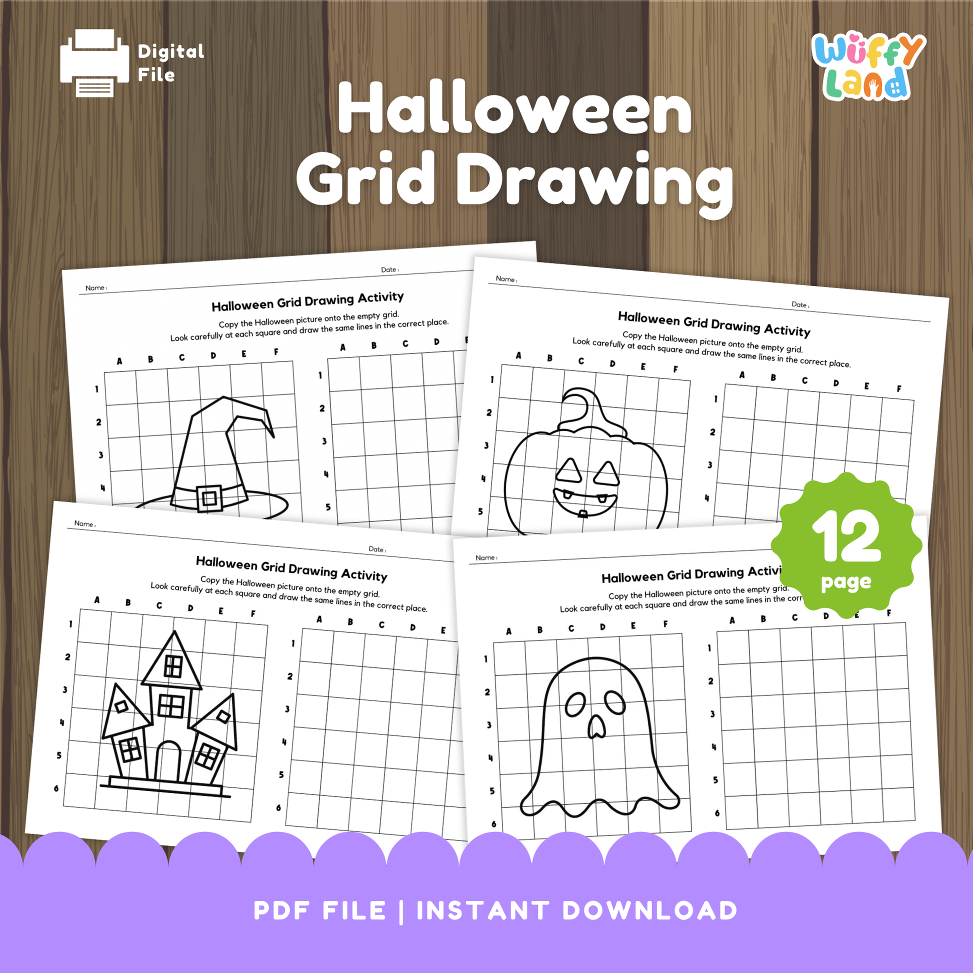 Black-and-white Halloween grid drawing worksheets featuring pictures of a witch hat, jack-o’-lantern, haunted house, and ghost for children to copy onto blank grids. Includes 12 printable activity pages