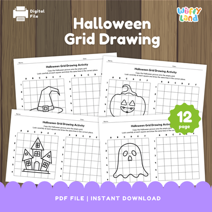 Black-and-white Halloween grid drawing worksheets featuring pictures of a witch hat, jack-o’-lantern, haunted house, and ghost for children to copy onto blank grids. Includes 12 printable activity pages