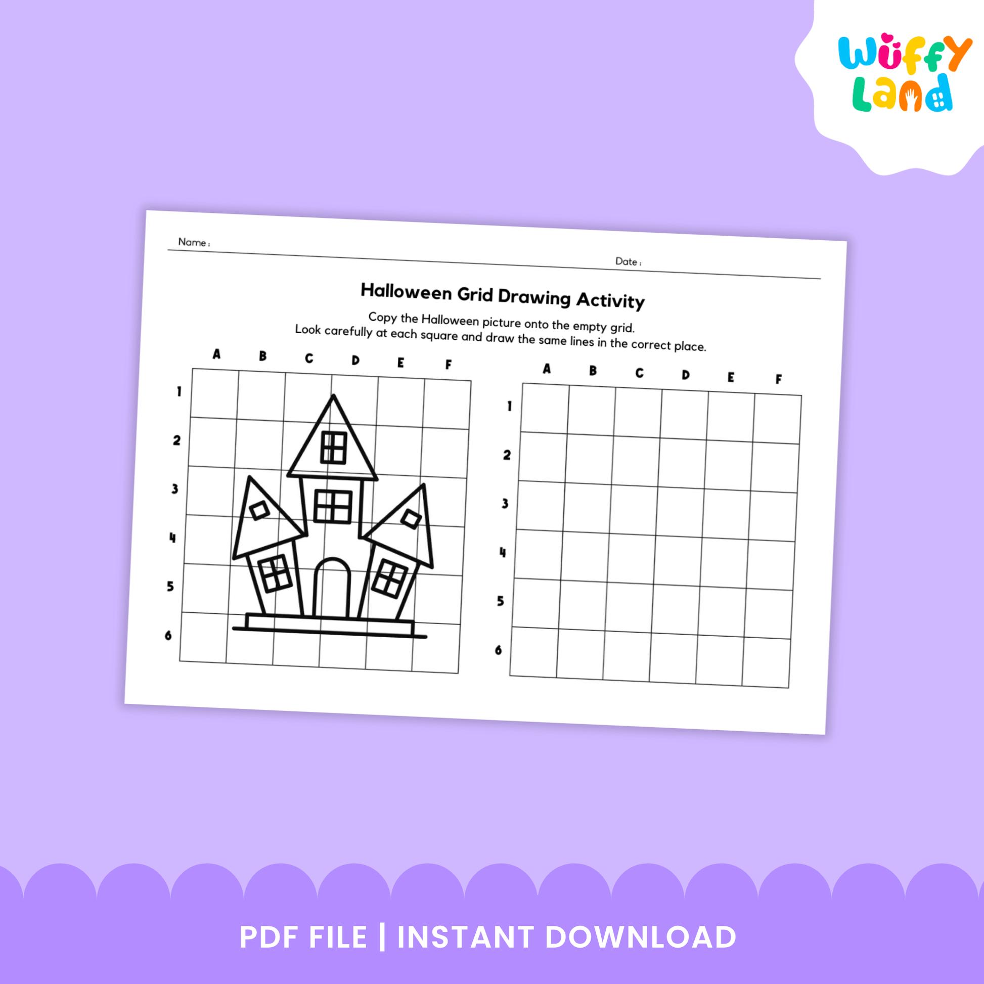 Black-and-white Halloween grid drawing worksheets featuring pictures of a witch hat, jack-o’-lantern, haunted house, and ghost for children to copy onto blank grids. Includes 12 printable activity pages
