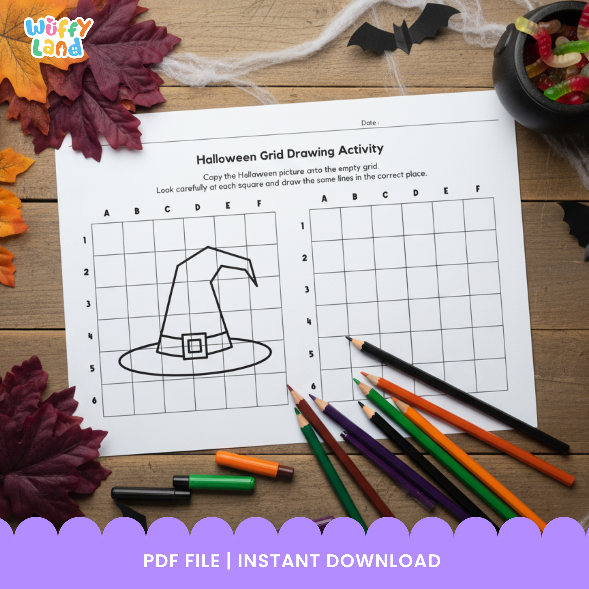Black-and-white Halloween grid drawing worksheets featuring pictures of a witch hat, jack-o’-lantern, haunted house, and ghost for children to copy onto blank grids. Includes 12 printable activity pages