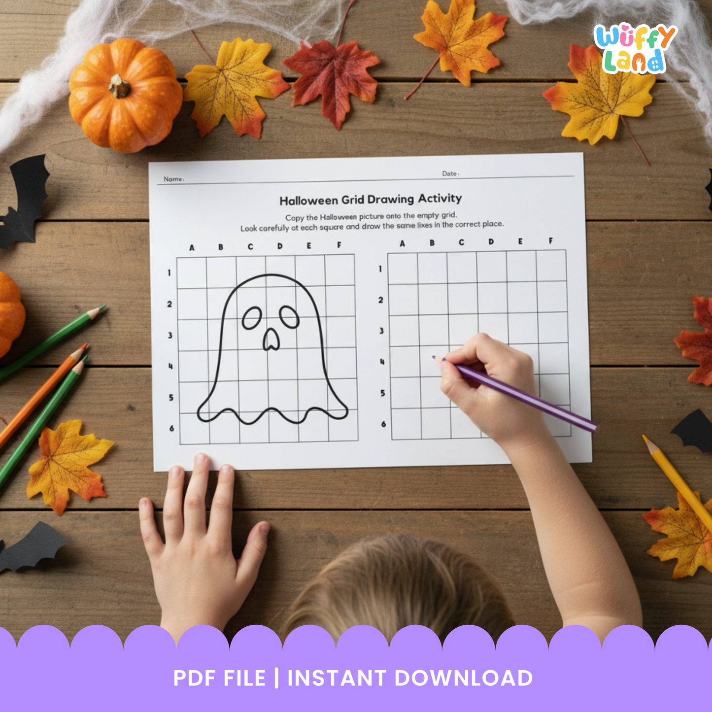Black-and-white Halloween grid drawing worksheets featuring pictures of a witch hat, jack-o’-lantern, haunted house, and ghost for children to copy onto blank grids. Includes 12 printable activity pages