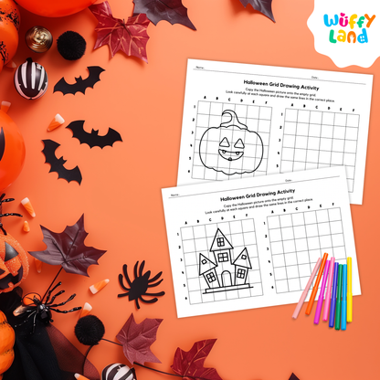 Black-and-white Halloween grid drawing worksheets featuring pictures of a witch hat, jack-o’-lantern, haunted house, and ghost for children to copy onto blank grids. Includes 12 printable activity pages
