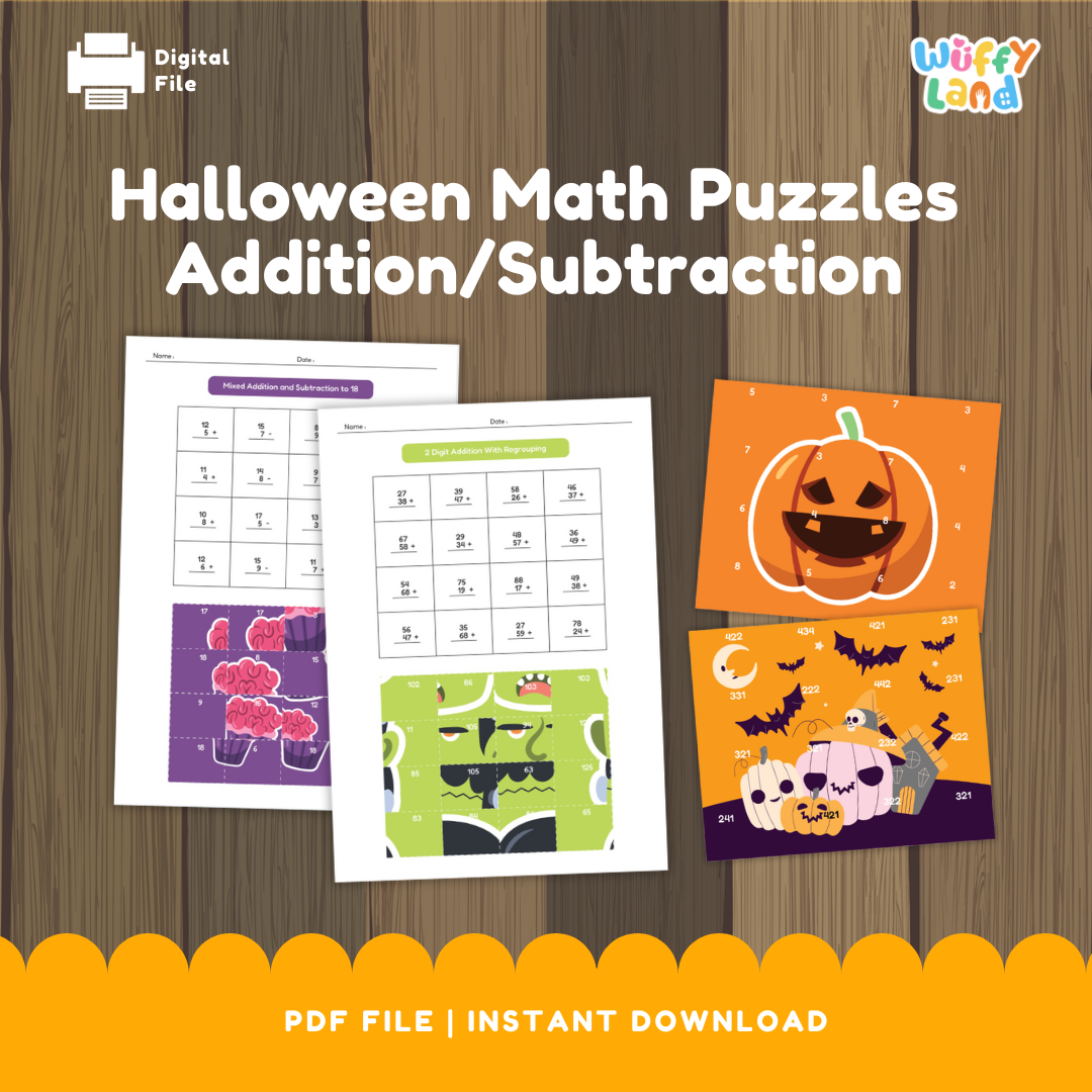 Educational printable set titled “Halloween Math Puzzles Addition/Subtraction.” The pages feature math worksheets with addition and subtraction problems that reveal spooky Halloween images—such as pumpkins, monsters, bats, and cupcakes—when solved correctly. Includes colorful puzzle pieces for hands-on math fun, designed for elementary students to practice computation skills with a festive theme