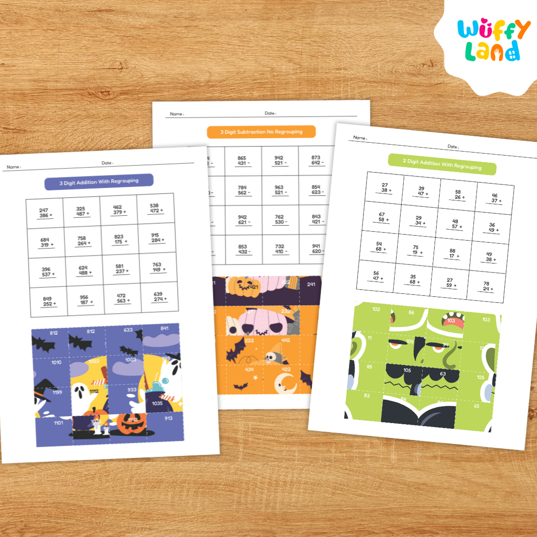 Educational printable set titled “Halloween Math Puzzles Addition/Subtraction.” The pages feature math worksheets with addition and subtraction problems that reveal spooky Halloween images—such as pumpkins, monsters, bats, and cupcakes—when solved correctly. Includes colorful puzzle pieces for hands-on math fun, designed for elementary students to practice computation skills with a festive theme