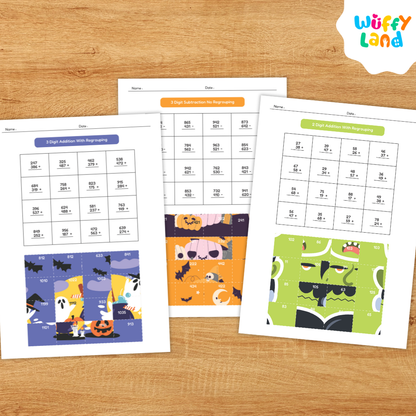 Educational printable set titled “Halloween Math Puzzles Addition/Subtraction.” The pages feature math worksheets with addition and subtraction problems that reveal spooky Halloween images—such as pumpkins, monsters, bats, and cupcakes—when solved correctly. Includes colorful puzzle pieces for hands-on math fun, designed for elementary students to practice computation skills with a festive theme