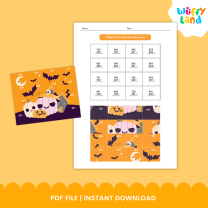 Educational printable set titled “Halloween Math Puzzles Addition/Subtraction.” The pages feature math worksheets with addition and subtraction problems that reveal spooky Halloween images—such as pumpkins, monsters, bats, and cupcakes—when solved correctly. Includes colorful puzzle pieces for hands-on math fun, designed for elementary students to practice computation skills with a festive theme