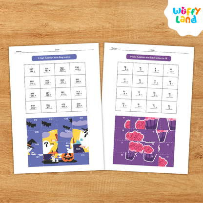 Educational printable set titled “Halloween Math Puzzles Addition/Subtraction.” The pages feature math worksheets with addition and subtraction problems that reveal spooky Halloween images—such as pumpkins, monsters, bats, and cupcakes—when solved correctly. Includes colorful puzzle pieces for hands-on math fun, designed for elementary students to practice computation skills with a festive theme