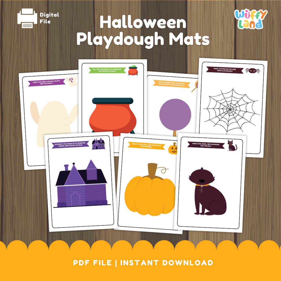 A set of printable Halloween Playdough Mats. Each mat features a themed illustration such as a ghost, cauldron, spider web, haunted house, pumpkin, and black cat. Prompts on the mats encourage kids to use playdough to complete each picture, like "Make eyes and a spooky mouth for the ghost" or "Fill the cauldron with bubbling playdough potion."
