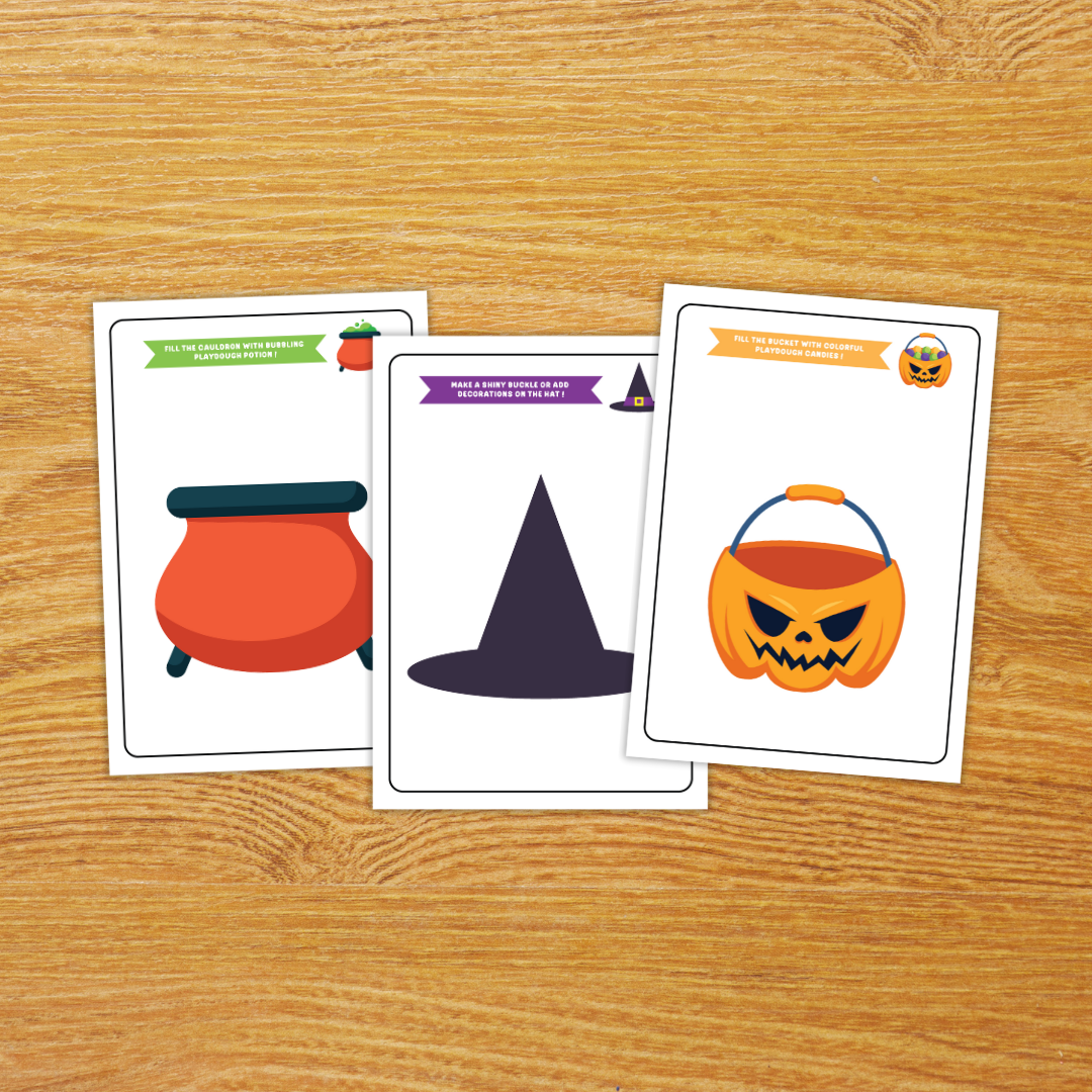 A set of printable Halloween Playdough Mats. Each mat features a themed illustration such as a ghost, cauldron, spider web, haunted house, pumpkin, and black cat. Prompts on the mats encourage kids to use playdough to complete each picture, like "Make eyes and a spooky mouth for the ghost" or "Fill the cauldron with bubbling playdough potion."