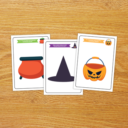 A set of printable Halloween Playdough Mats. Each mat features a themed illustration such as a ghost, cauldron, spider web, haunted house, pumpkin, and black cat. Prompts on the mats encourage kids to use playdough to complete each picture, like "Make eyes and a spooky mouth for the ghost" or "Fill the cauldron with bubbling playdough potion."