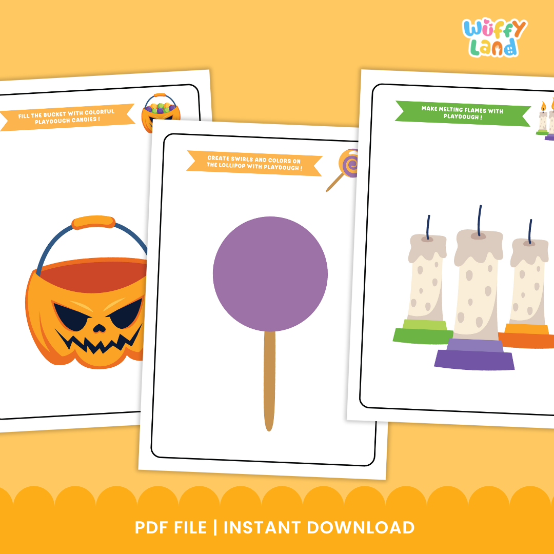 A set of printable Halloween Playdough Mats. Each mat features a themed illustration such as a ghost, cauldron, spider web, haunted house, pumpkin, and black cat. Prompts on the mats encourage kids to use playdough to complete each picture, like "Make eyes and a spooky mouth for the ghost" or "Fill the cauldron with bubbling playdough potion."