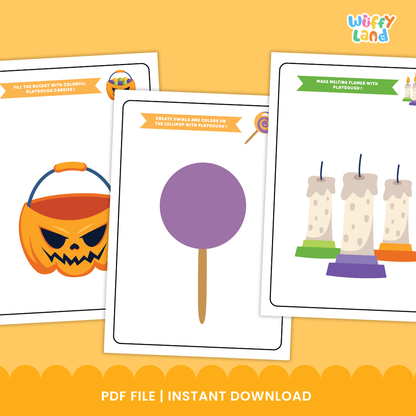 A set of printable Halloween Playdough Mats. Each mat features a themed illustration such as a ghost, cauldron, spider web, haunted house, pumpkin, and black cat. Prompts on the mats encourage kids to use playdough to complete each picture, like "Make eyes and a spooky mouth for the ghost" or "Fill the cauldron with bubbling playdough potion."