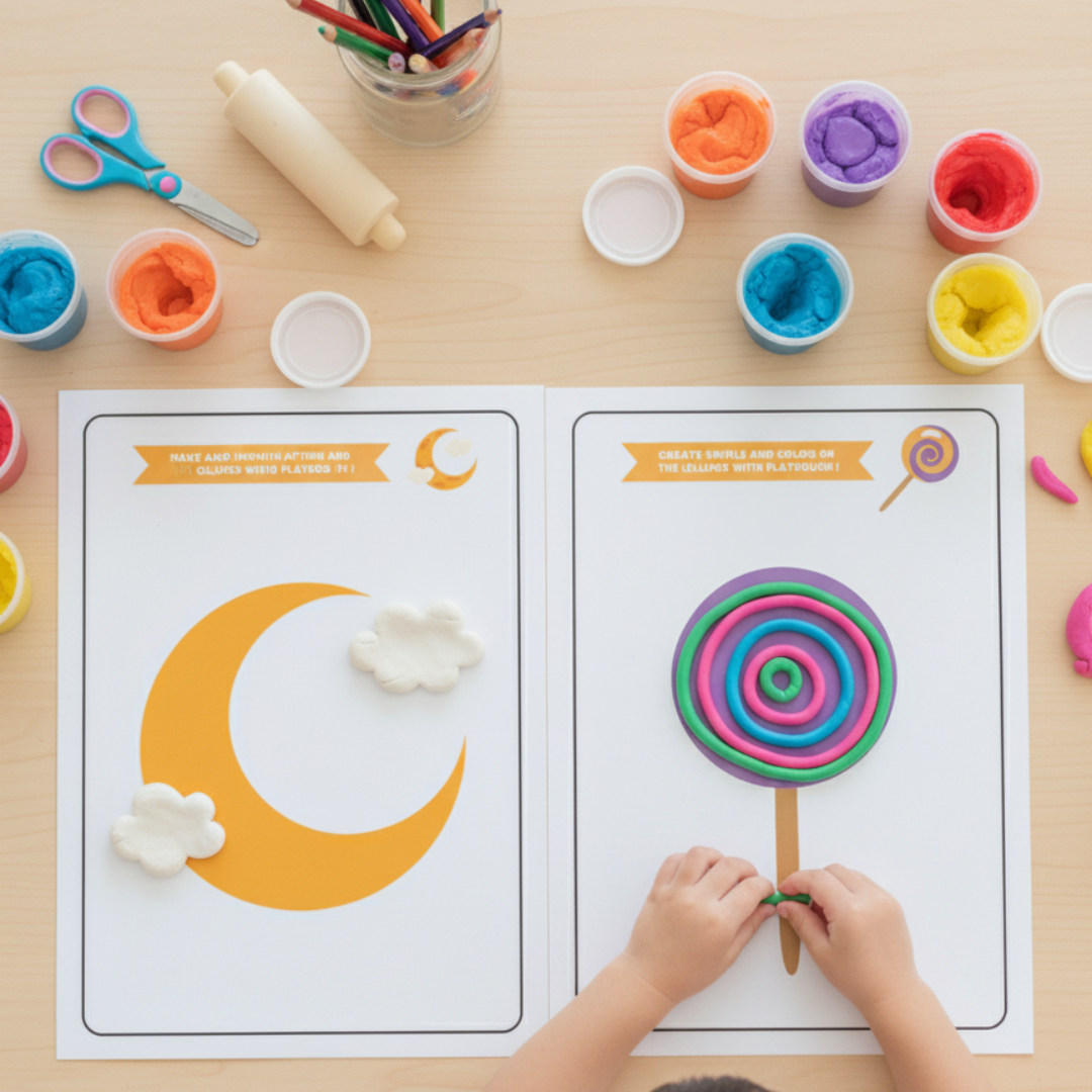 A set of printable Halloween Playdough Mats. Each mat features a themed illustration such as a ghost, cauldron, spider web, haunted house, pumpkin, and black cat. Prompts on the mats encourage kids to use playdough to complete each picture, like "Make eyes and a spooky mouth for the ghost" or "Fill the cauldron with bubbling playdough potion."