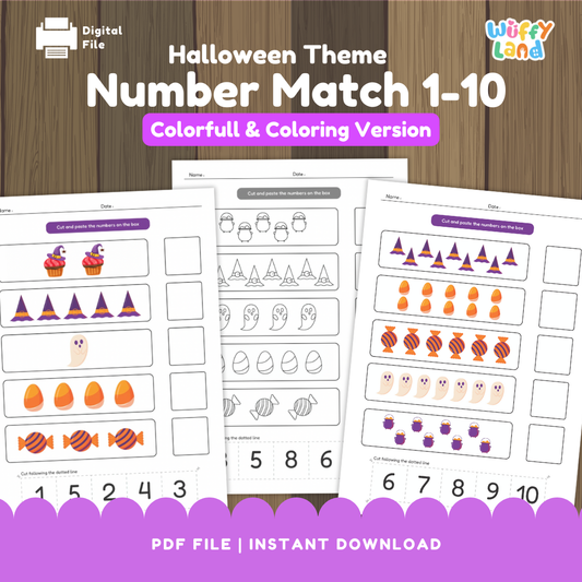 Printable Halloween-themed math worksheets titled “Number Match 1–10.” The pages feature cute illustrations such as witch hats, ghosts, candy corn, and cupcakes for children to count and match with the correct numbers. Includes colorful and black-and-white versions, labeled “Colorfull & Coloring Version,” designed for early math learning and seasonal classroom fun.