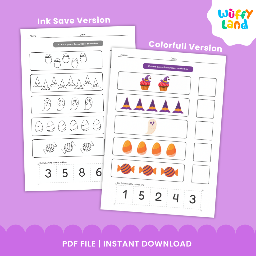 Printable Halloween-themed math worksheets titled “Number Match 1–10.” The pages feature cute illustrations such as witch hats, ghosts, candy corn, and cupcakes for children to count and match with the correct numbers. Includes colorful and black-and-white versions, labeled “Colorfull & Coloring Version,” designed for early math learning and seasonal classroom fun.