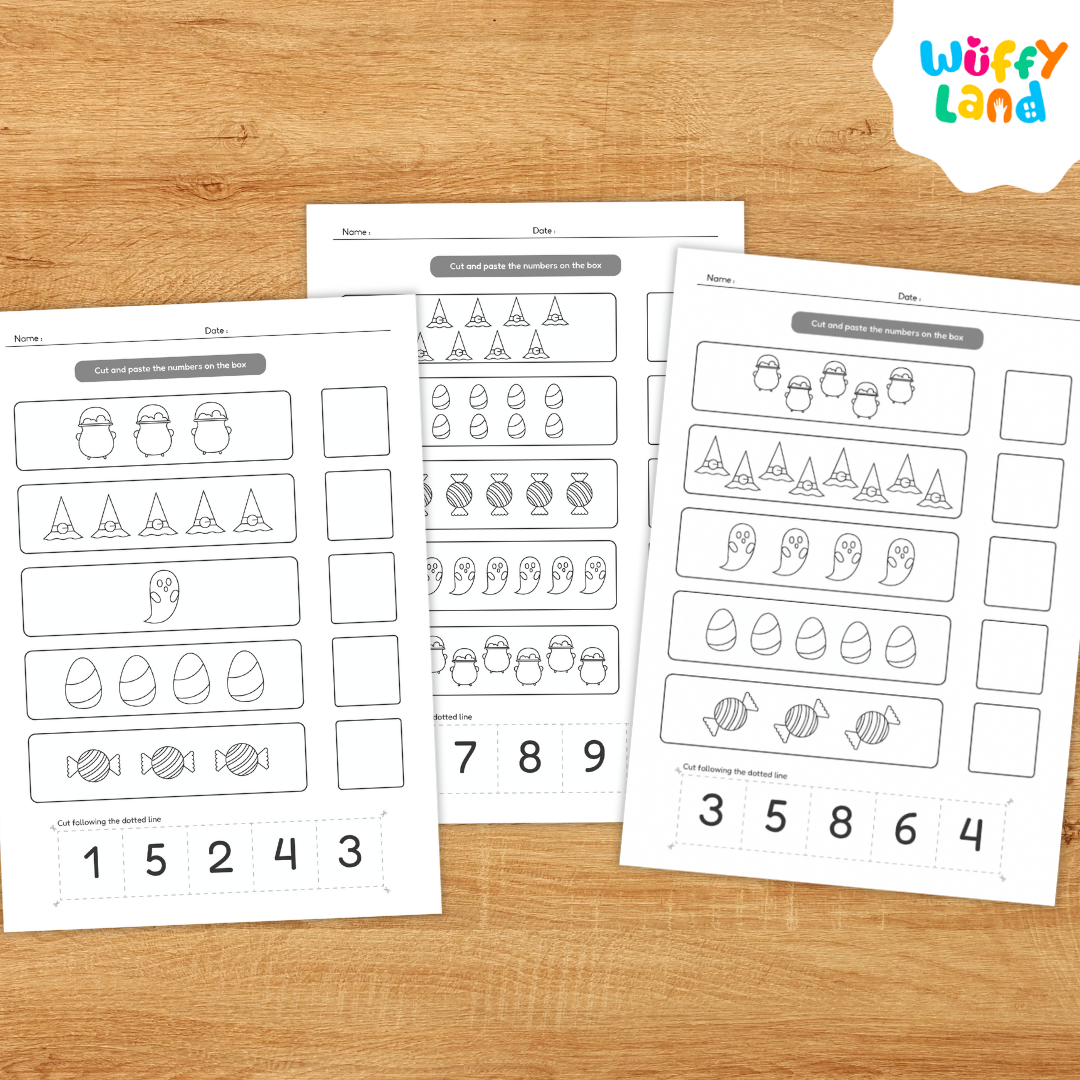 Printable Halloween-themed math worksheets titled “Number Match 1–10.” The pages feature cute illustrations such as witch hats, ghosts, candy corn, and cupcakes for children to count and match with the correct numbers. Includes colorful and black-and-white versions, labeled “Colorfull & Coloring Version,” designed for early math learning and seasonal classroom fun.
