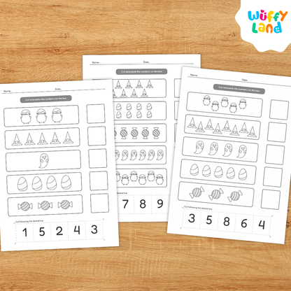 Printable Halloween-themed math worksheets titled “Number Match 1–10.” The pages feature cute illustrations such as witch hats, ghosts, candy corn, and cupcakes for children to count and match with the correct numbers. Includes colorful and black-and-white versions, labeled “Colorfull & Coloring Version,” designed for early math learning and seasonal classroom fun.