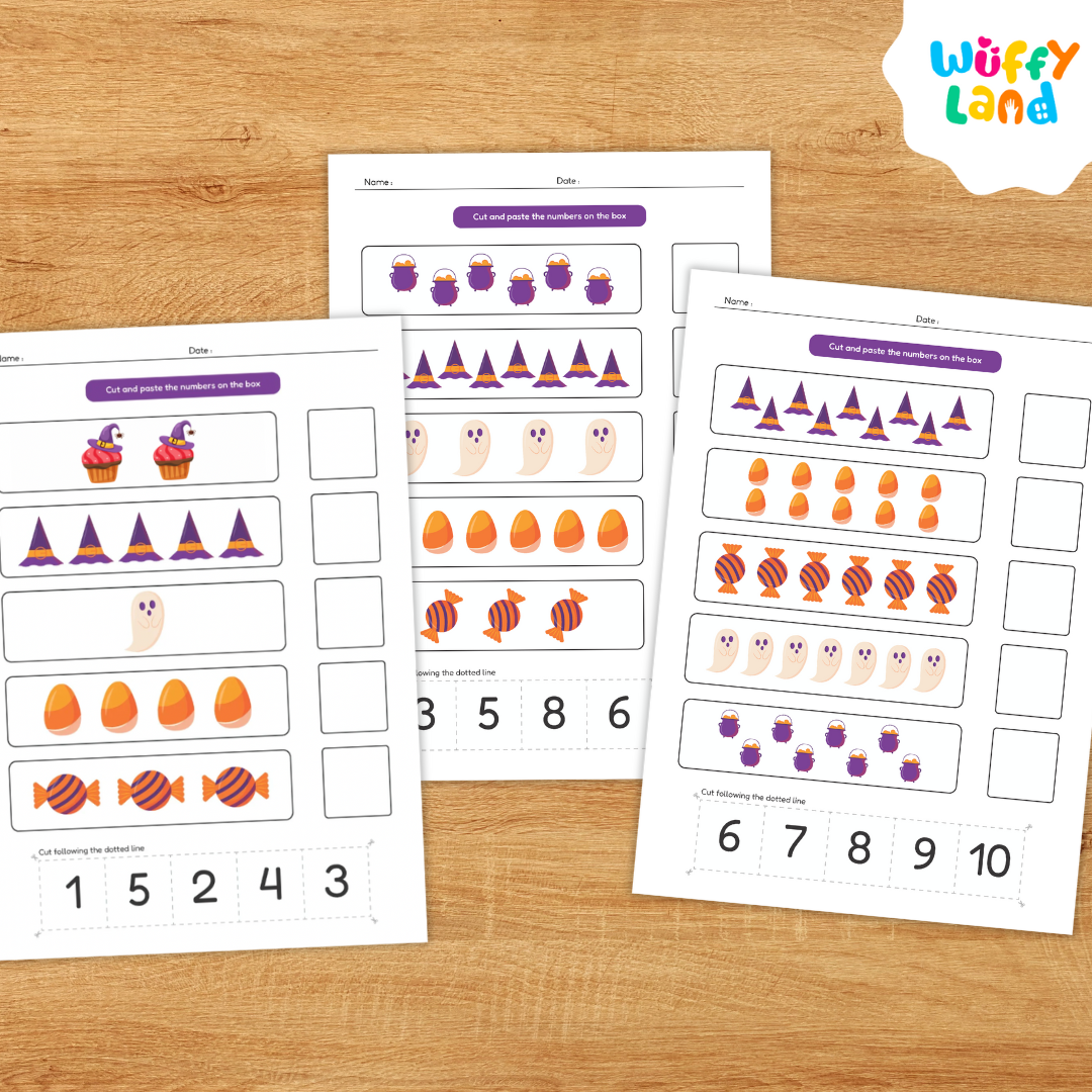 Printable Halloween-themed math worksheets titled “Number Match 1–10.” The pages feature cute illustrations such as witch hats, ghosts, candy corn, and cupcakes for children to count and match with the correct numbers. Includes colorful and black-and-white versions, labeled “Colorfull & Coloring Version,” designed for early math learning and seasonal classroom fun.