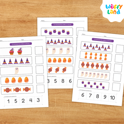 Printable Halloween-themed math worksheets titled “Number Match 1–10.” The pages feature cute illustrations such as witch hats, ghosts, candy corn, and cupcakes for children to count and match with the correct numbers. Includes colorful and black-and-white versions, labeled “Colorfull & Coloring Version,” designed for early math learning and seasonal classroom fun.