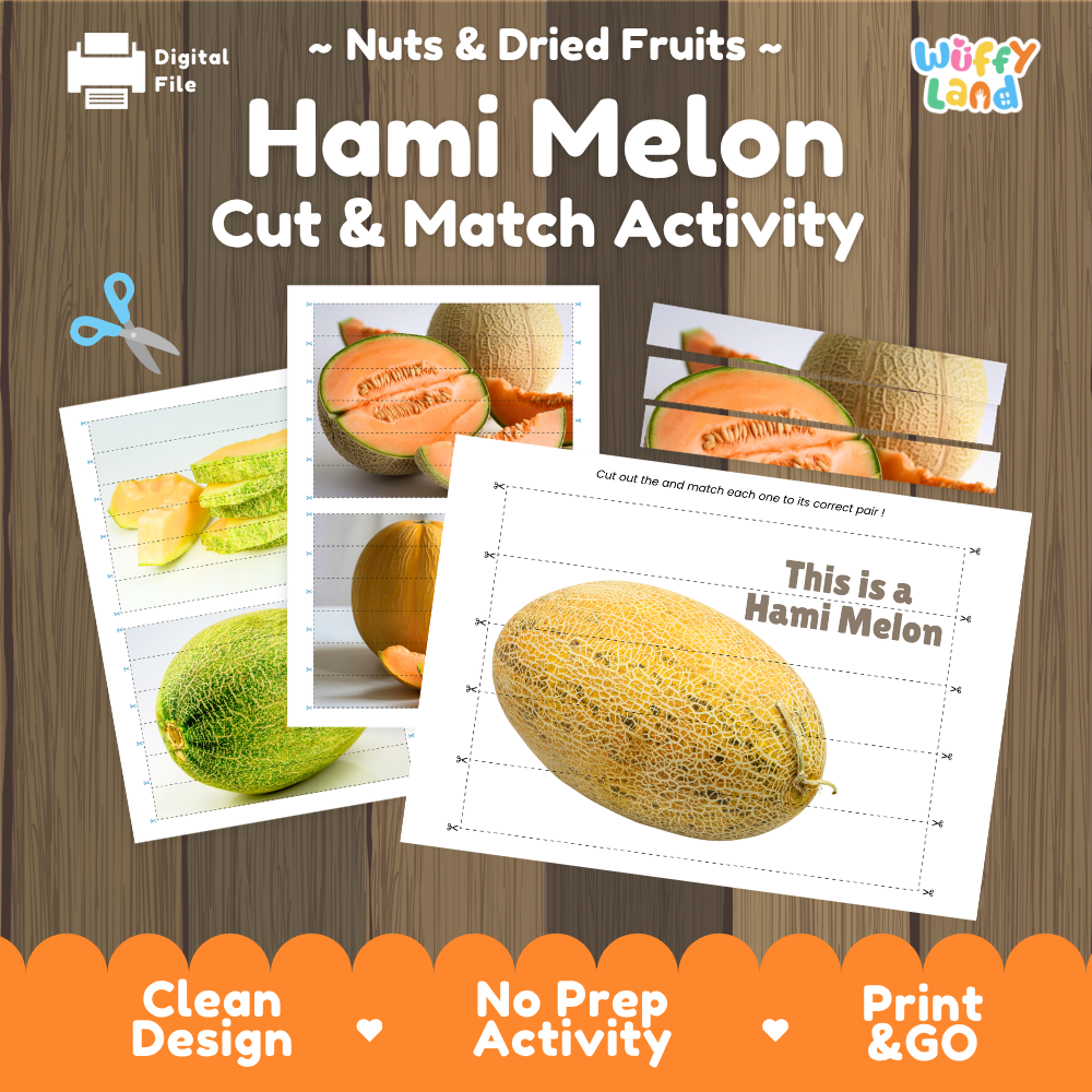 Hami melon cut and match activity cover showing printable fine motor puzzle sheets and melon photographs