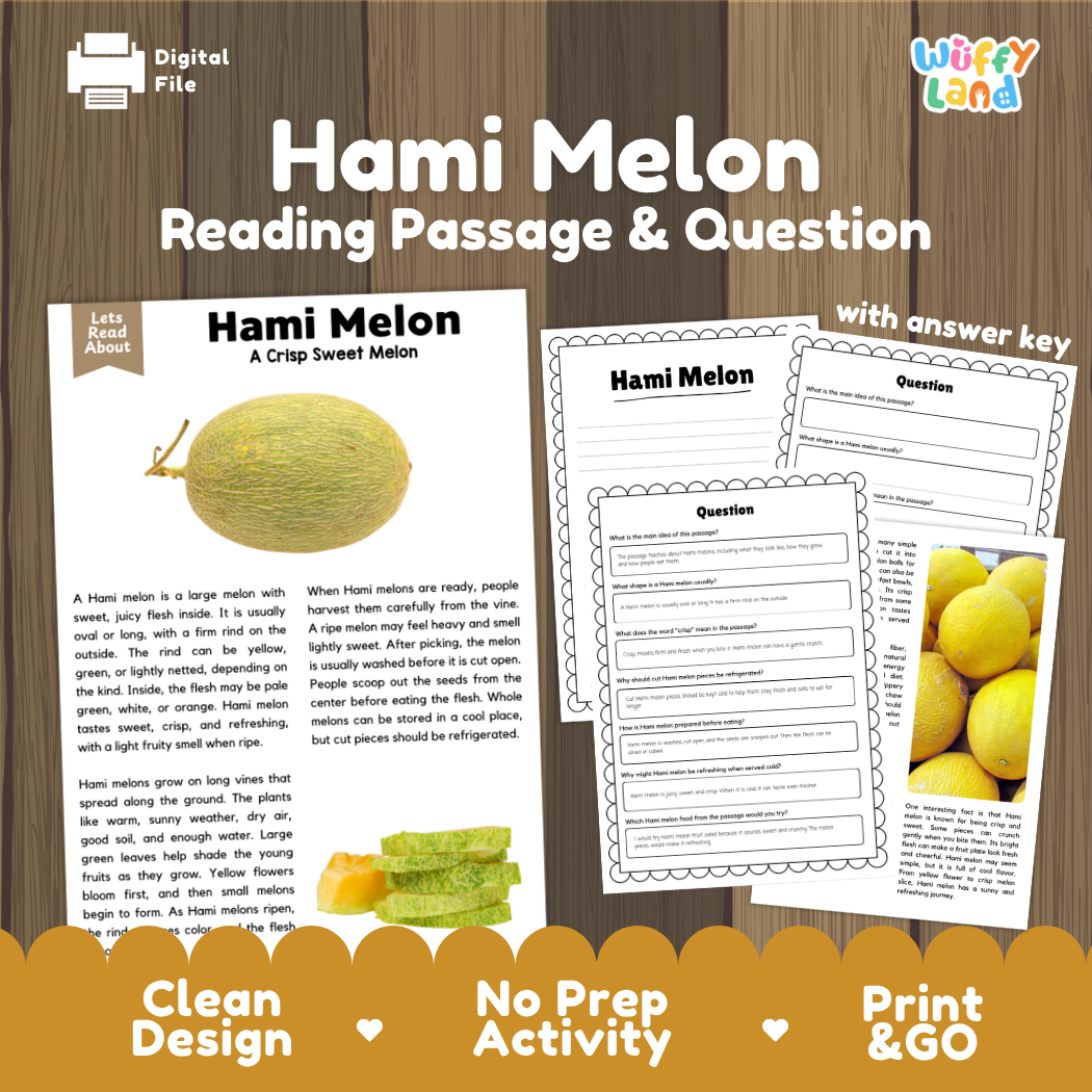 Hami Melon reading comprehension passage and questions printable activity pack with answer key for elementary students