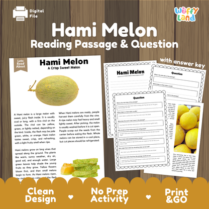 Hami Melon reading comprehension passage and questions printable activity pack with answer key for elementary students